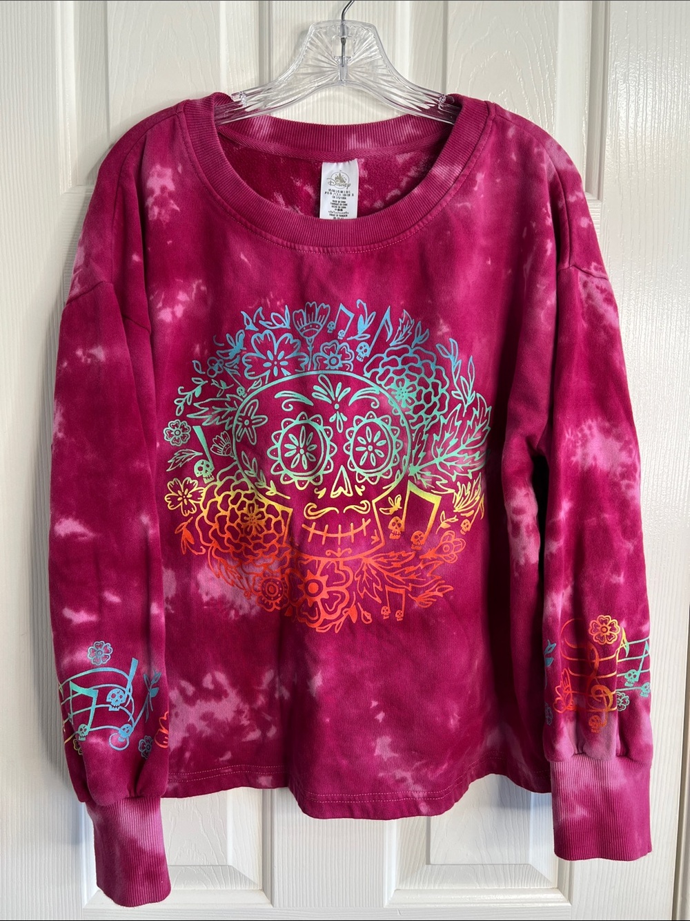 Disney Coco pink tie dye Dia De Los muertos rainbow skull graphic large